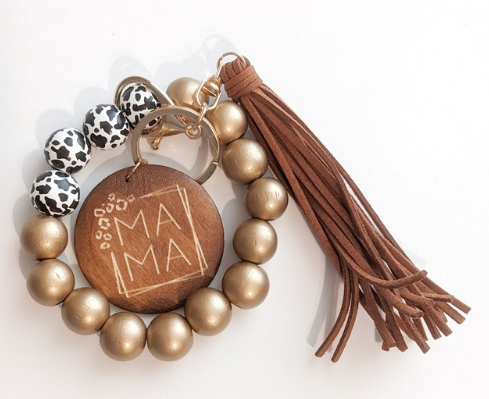 Mama Cow Print Wooden Keychain